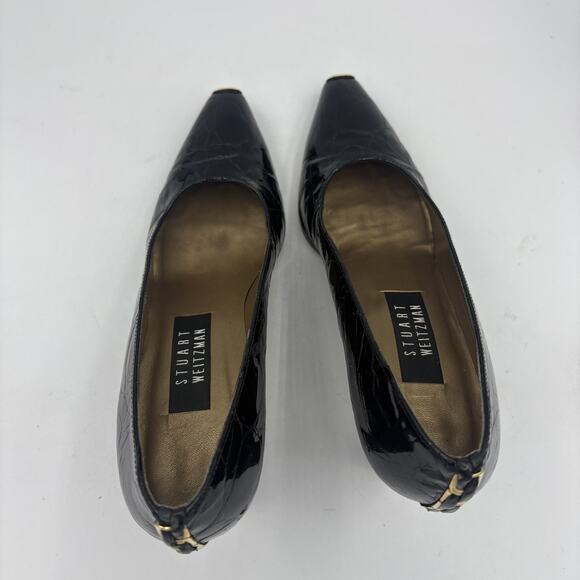 Stuart Weitzman Shoes Womens Size‎ 8 Black Patent Leather Pumps Gold Trim Spain - Picture 5 of 10